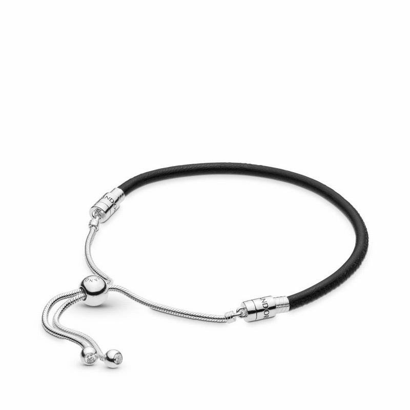 Pandora Sliding Black Leather Bracelet Ireland - Sterling Silver/Leather/Black/Cubic Zirconia - 7845